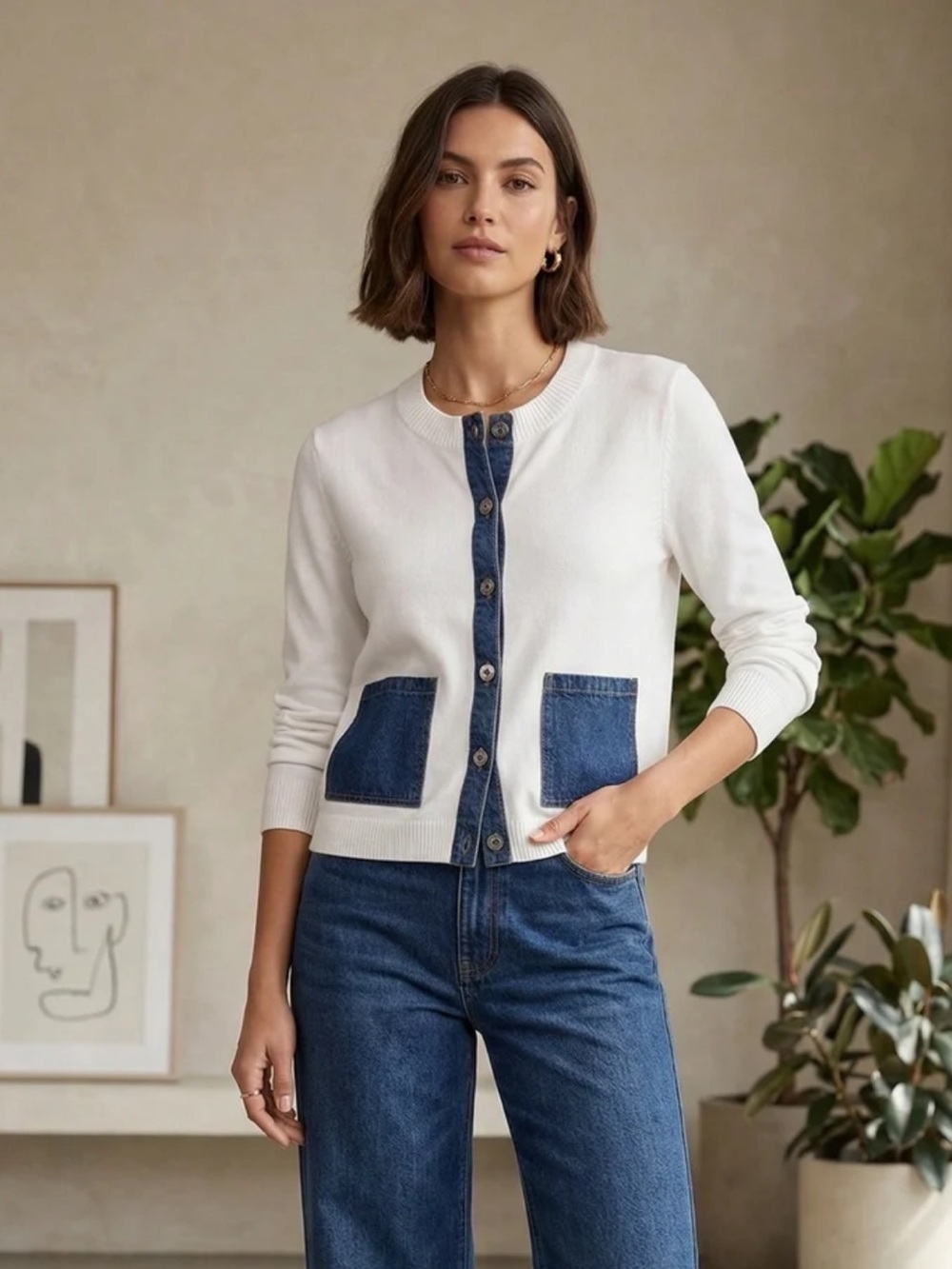 J. Society Denim Trim Cardigan Size M